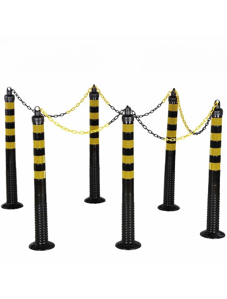 Kit de 6 poteaux flexibles Noir/Jaune + chaine (H 100cm, Ø 8cm), à cheviller
