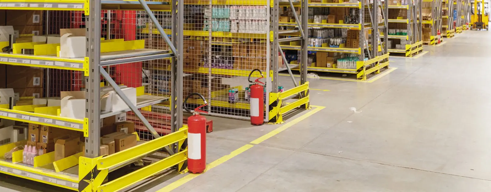 Barrières de protection jaunes devant des rayonnages d'entrepôt